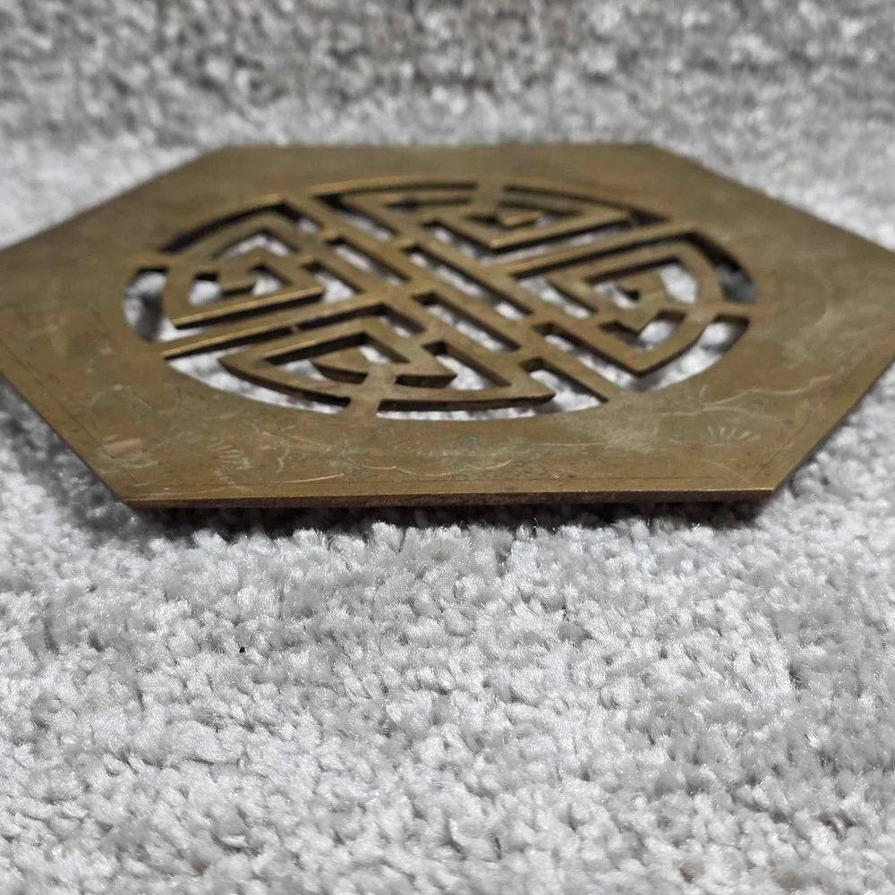 Vintage Brass Trivet with Longevity Symbol – Hexagonal Asian‎ Decor Japan